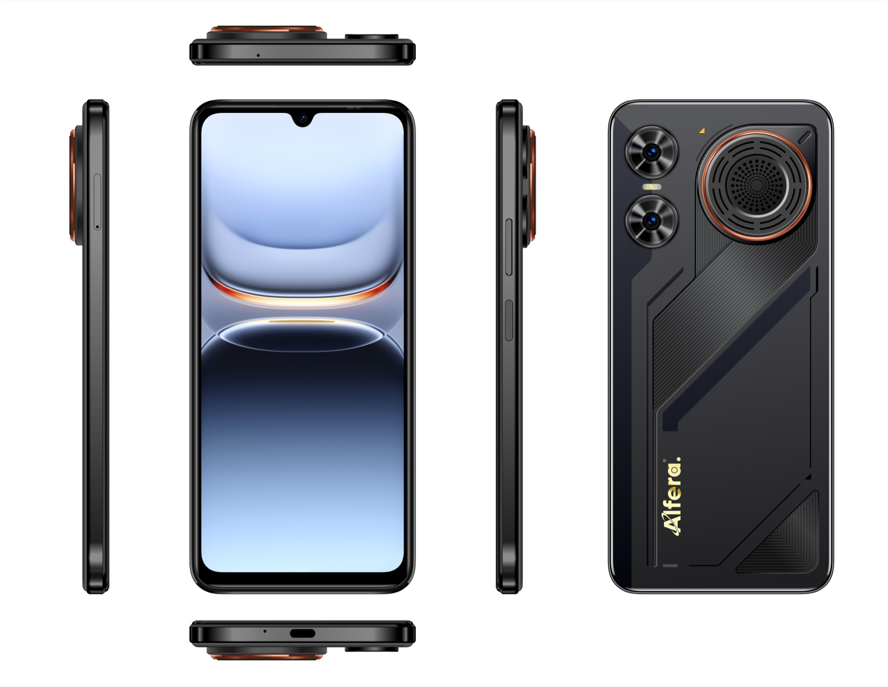 Alfera Boom smartphone in Night Black with Blaze Orange accents — front, back and side views